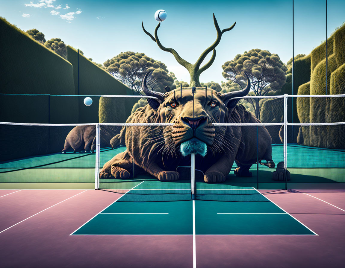 Surreal image: lion with antlers on tennis court with floating balls & hedge maze