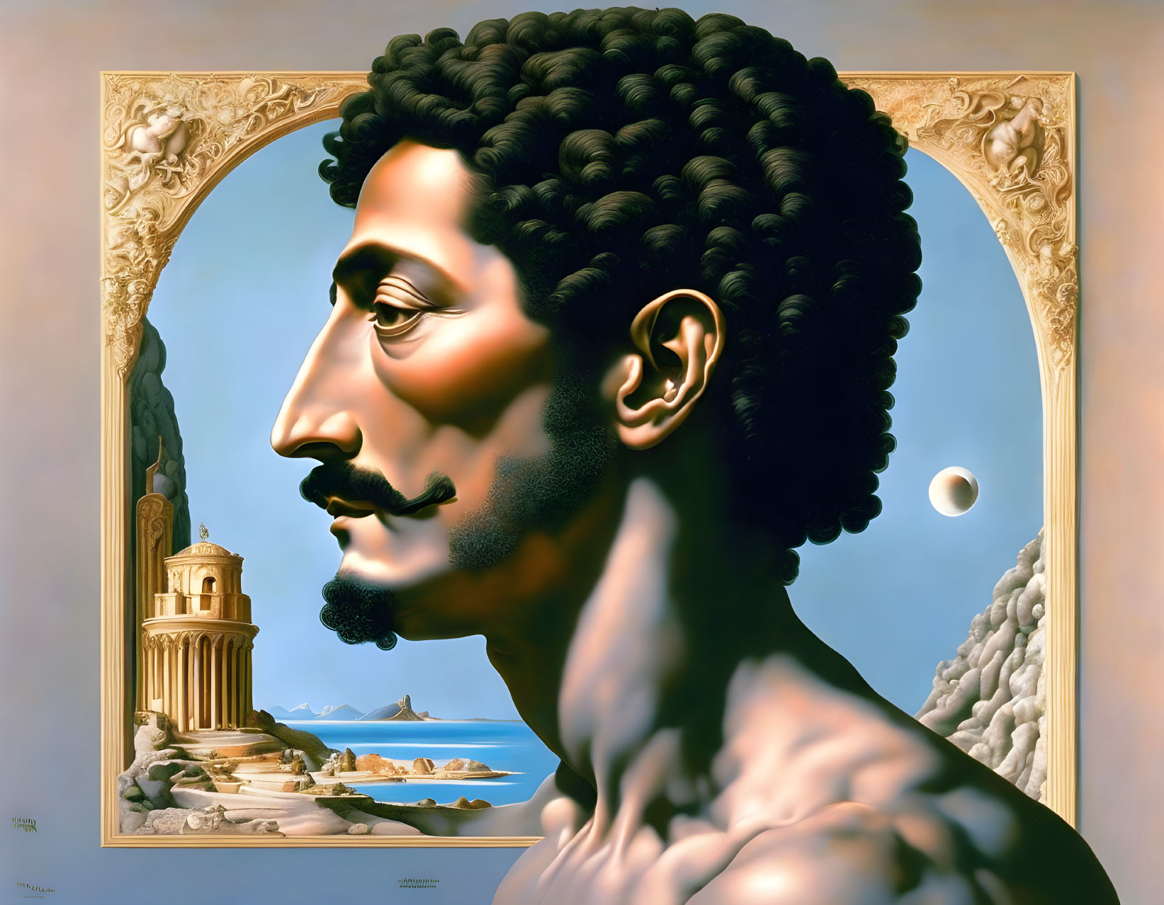 Surrealist painting: Man's profile with architectural scene, lighthouse, sea, cloudy sky