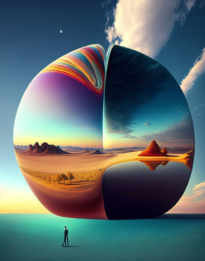 Abstract spherical landscape with desert and reflective surfaces under crescent moon