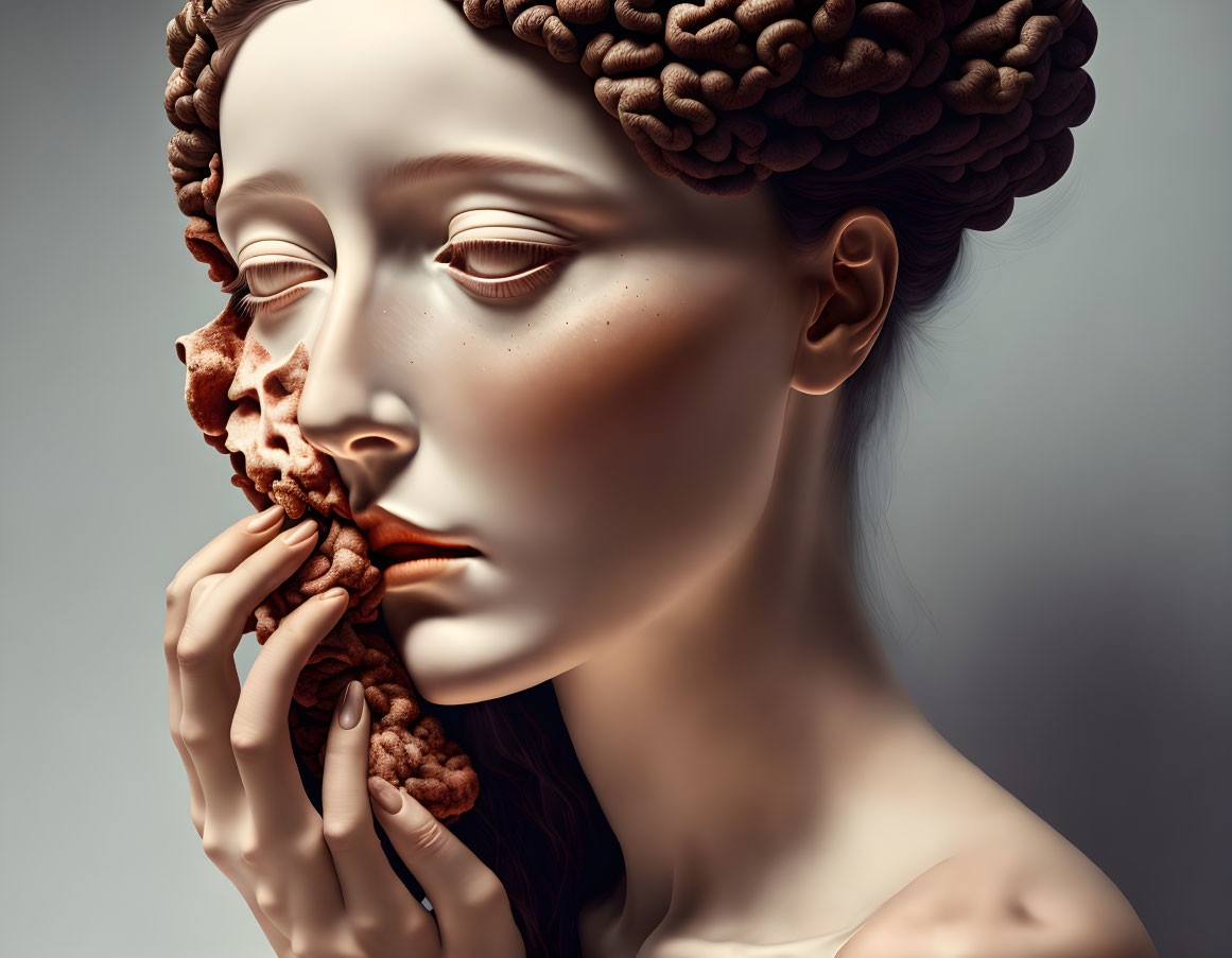 Surreal digital artwork of fragmented female figure with closed eyes on neutral background