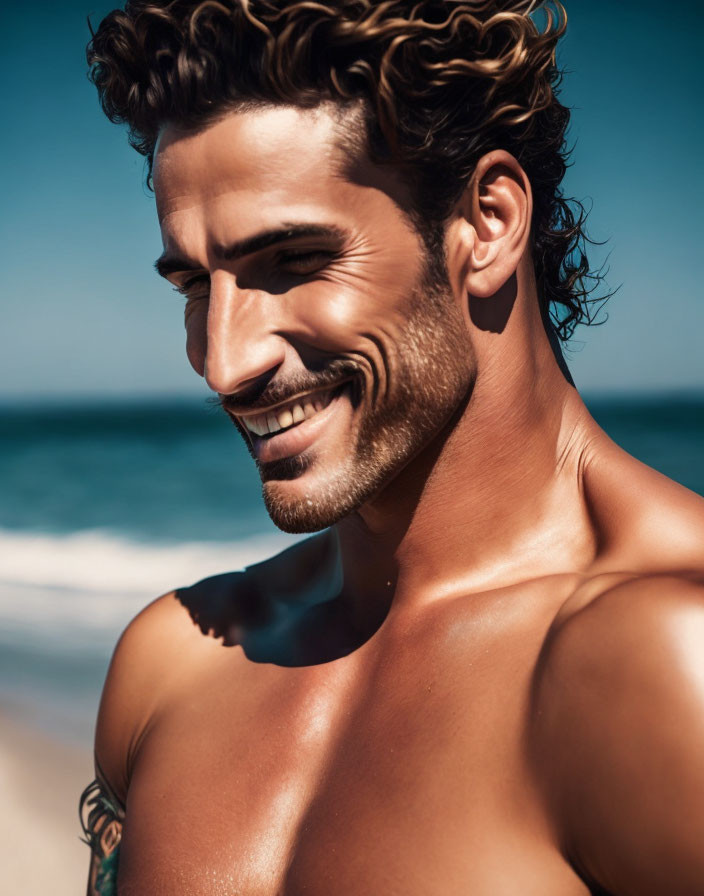 Curly-Haired Man with Shoulder Tattoo on Beach