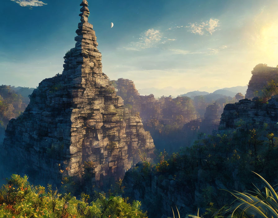 Limestone karst tower in lush forest under warm sun and crescent moon