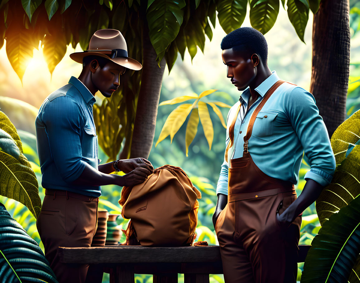 Vintage explorer outfits men with leather bag in lush jungle setting