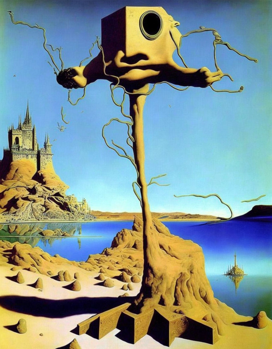 Surreal landscape with melting tree, floating eye, castle, and blue water