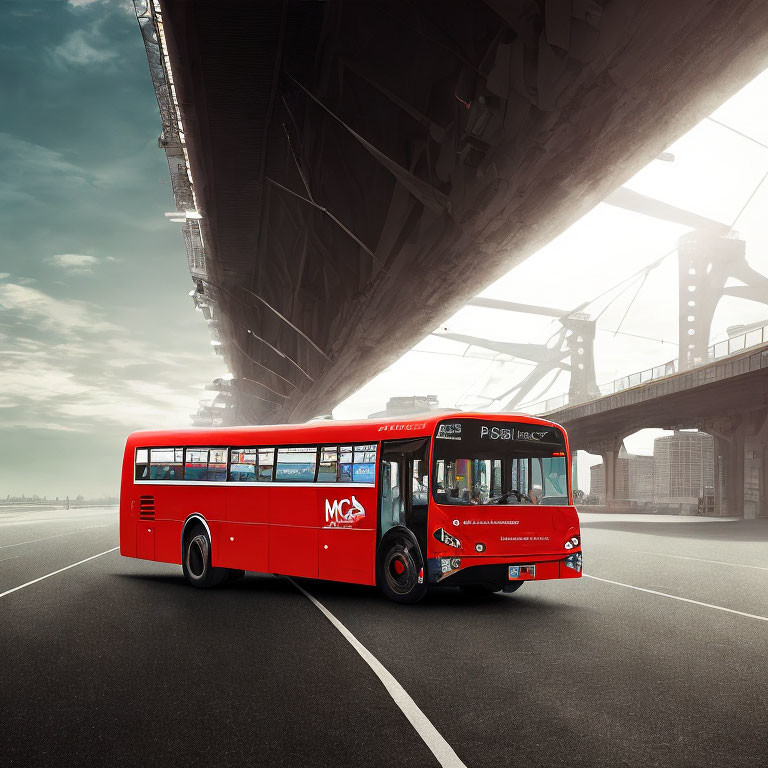 Red city bus on empty road under overpass with clear blue sky