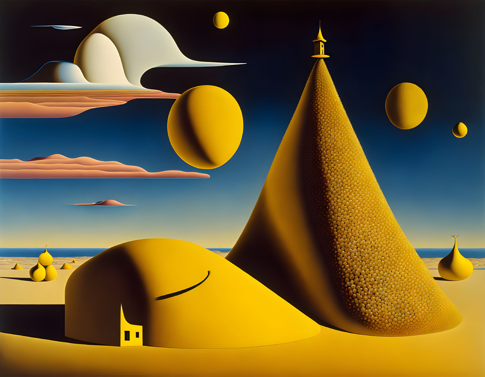 Surreal landscape featuring golden pyramid, hillside house, floating orbs, elongated clouds