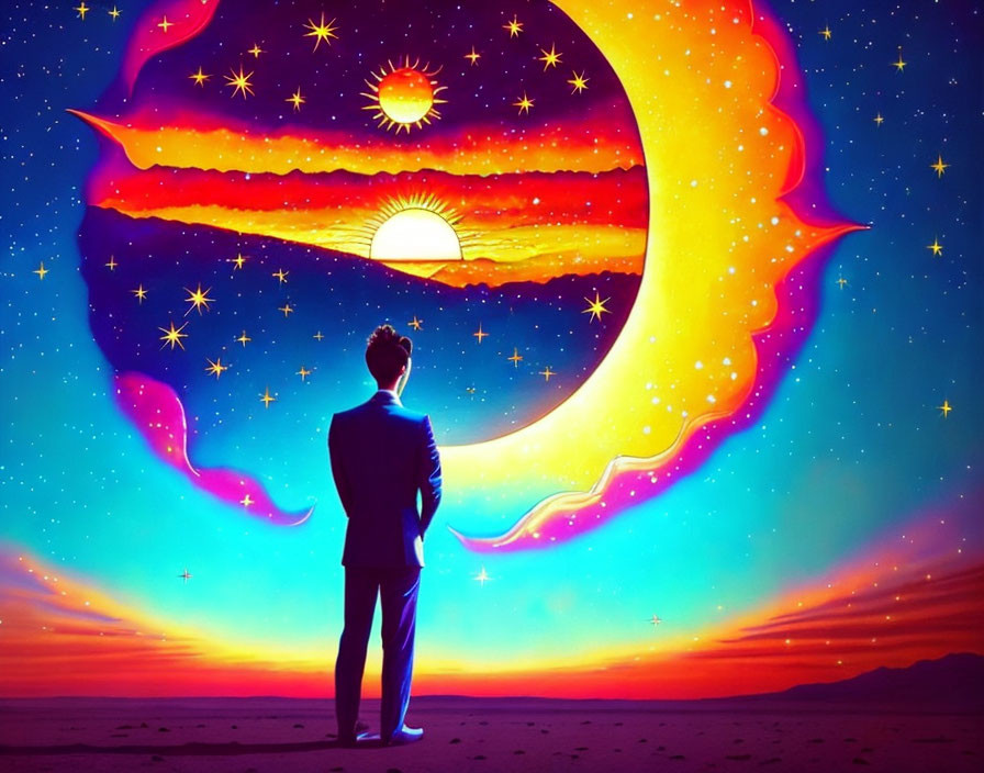 Man in suit admires surreal cosmic sky with multiple suns, stars, and moon