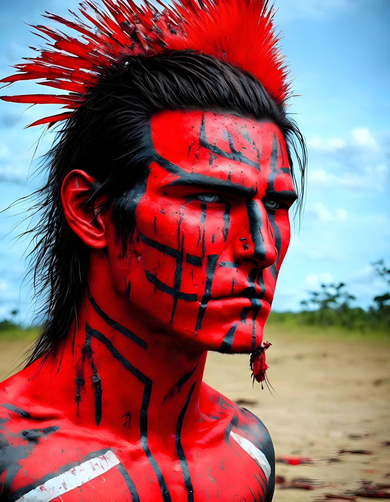 Intense red and black face paint with spiked hair against cloudy sky.