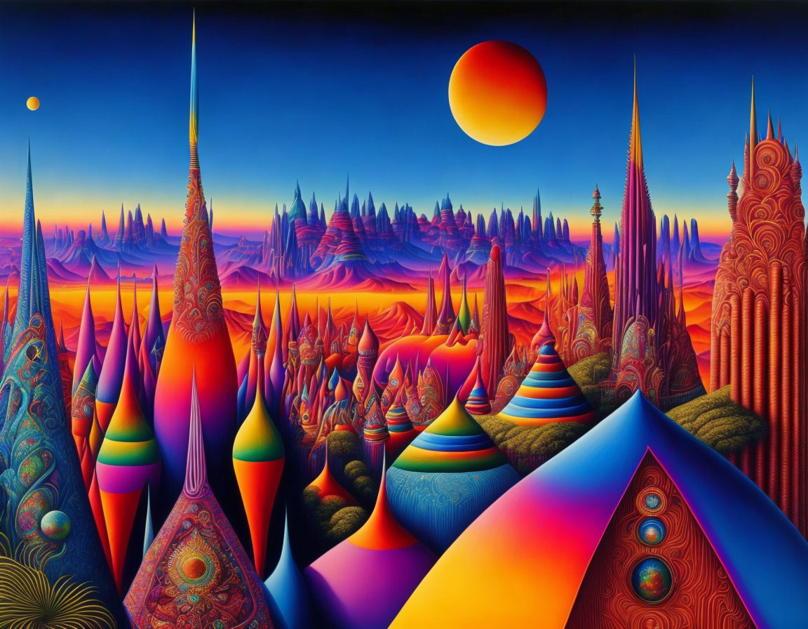 Colorful Alien Landscape with Spired Structures Under Twilight Sky