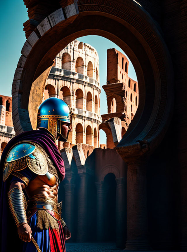 Roman soldier in Colosseum backdrop under arched passageway.