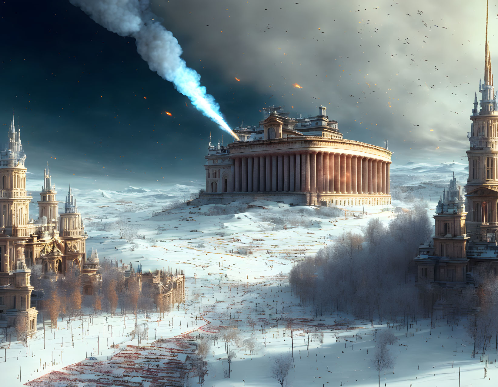 Snowy landscape with classical architecture and rocket launch in background