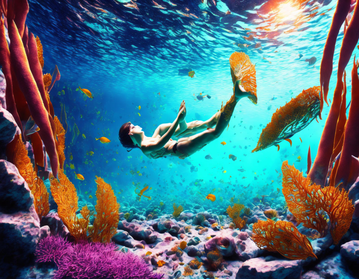 Person swimming near vibrant coral in serene underwater scene