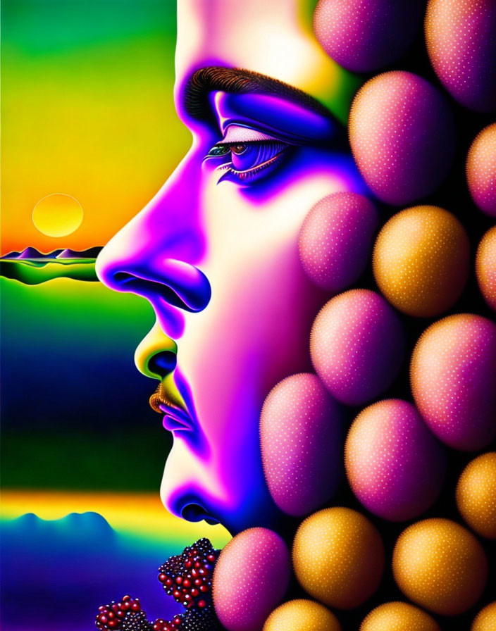 Colorful digital artwork: surreal face profile with sphere hair & floating bubble