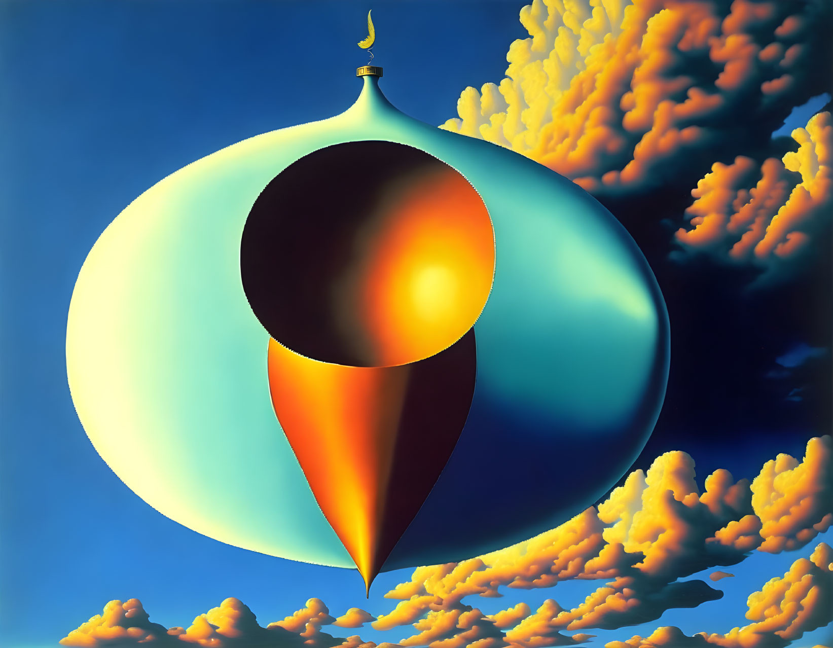 Surreal teardrop-shaped structure under blue sky with golden clouds