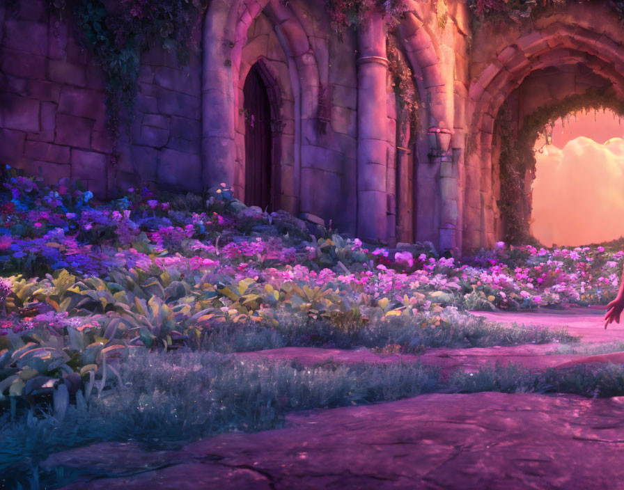 Colorful Flower Garden Under Purple-Pink Light and Stone Archway