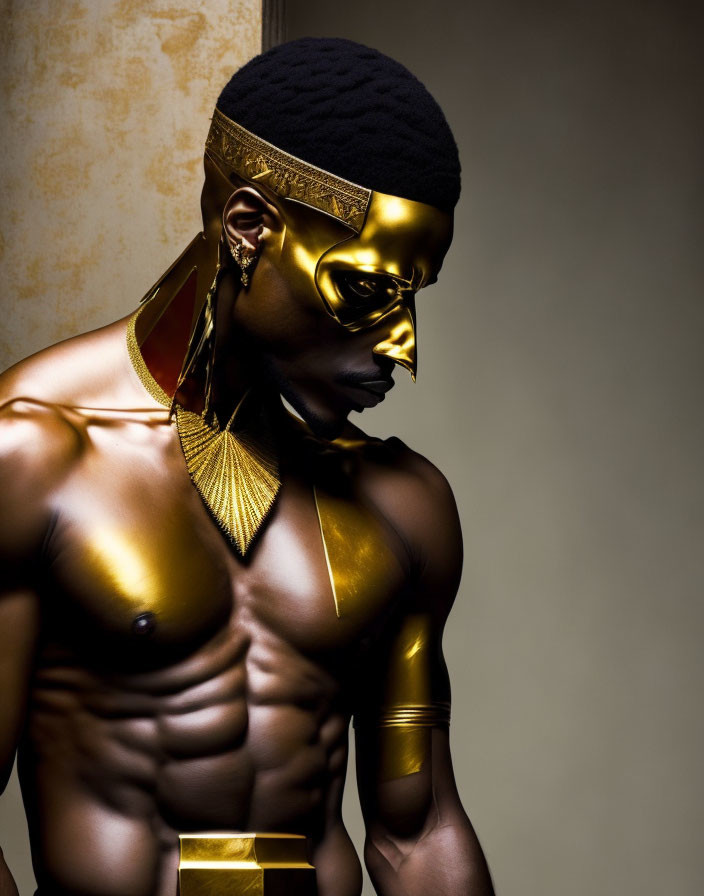 Sculpted Physique Figure in Golden Accessories and Mask on Muted Background