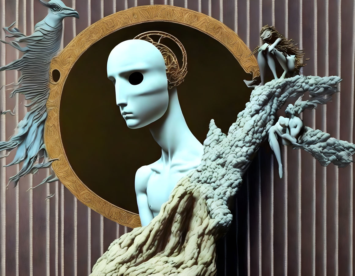 Surreal image of mannequin figure with circular frame, textured fabric, peacock motif