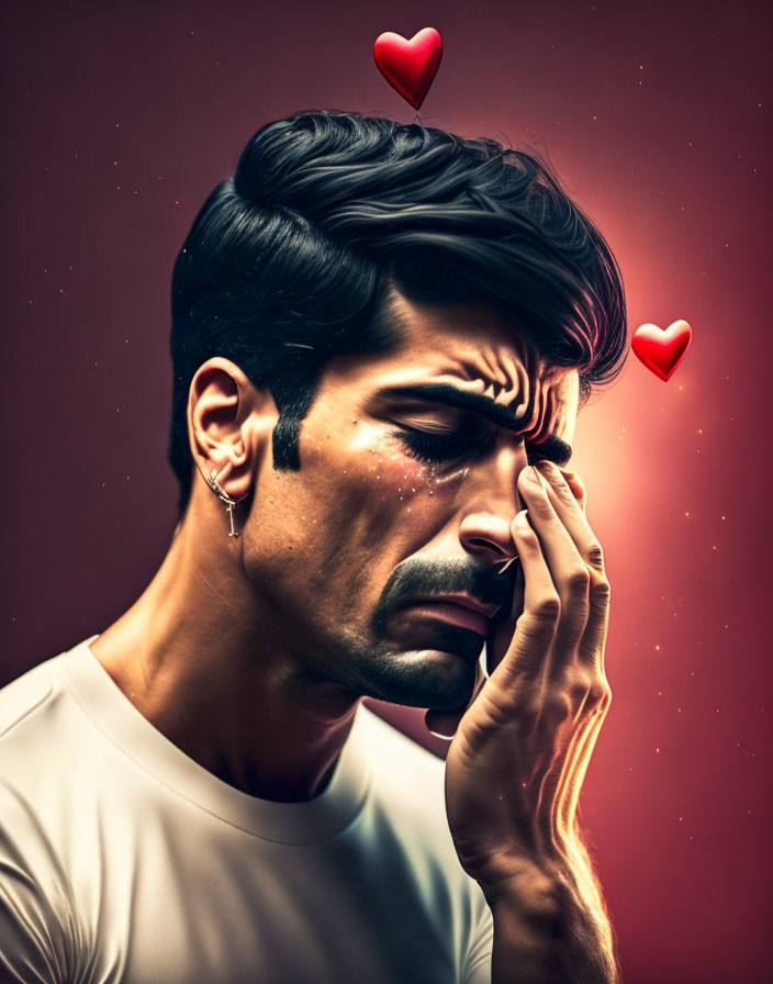 Man with distressed expression against red backdrop with floating hearts.