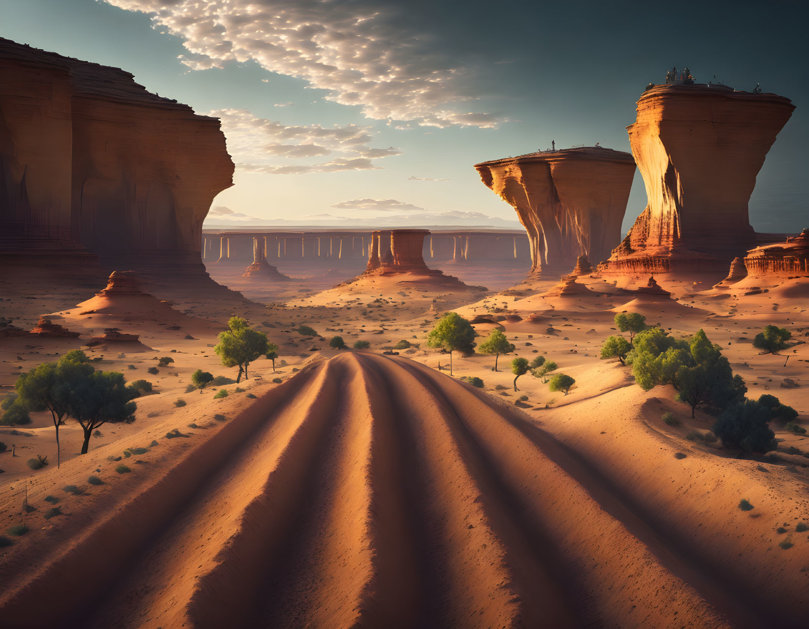 Desert road with sandstone formations under vast sky