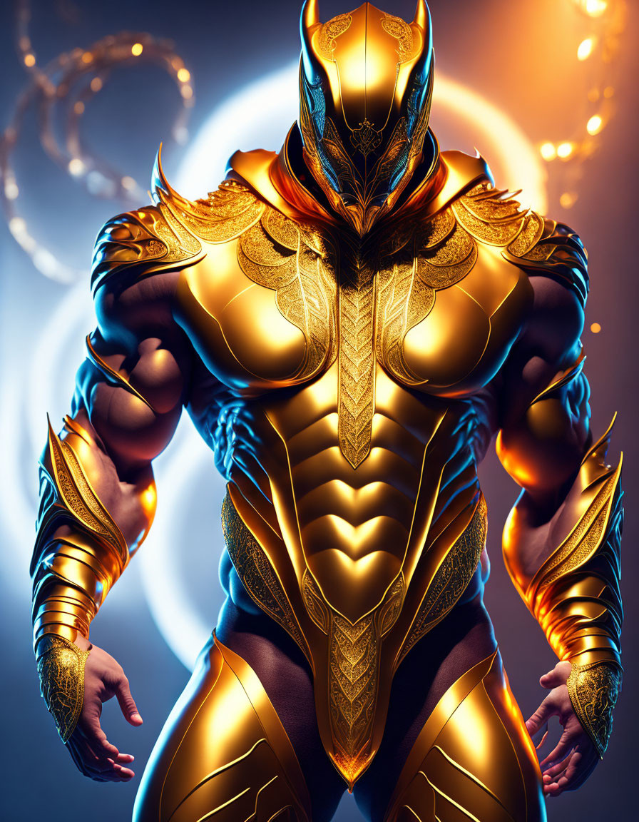 Muscular character in golden and blue armored suit with glowing accents and energy rings in background.