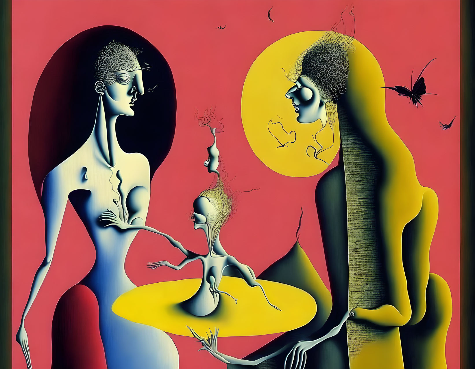 Surreal Artwork: Stylized figures with elongated limbs in red setting, central figure