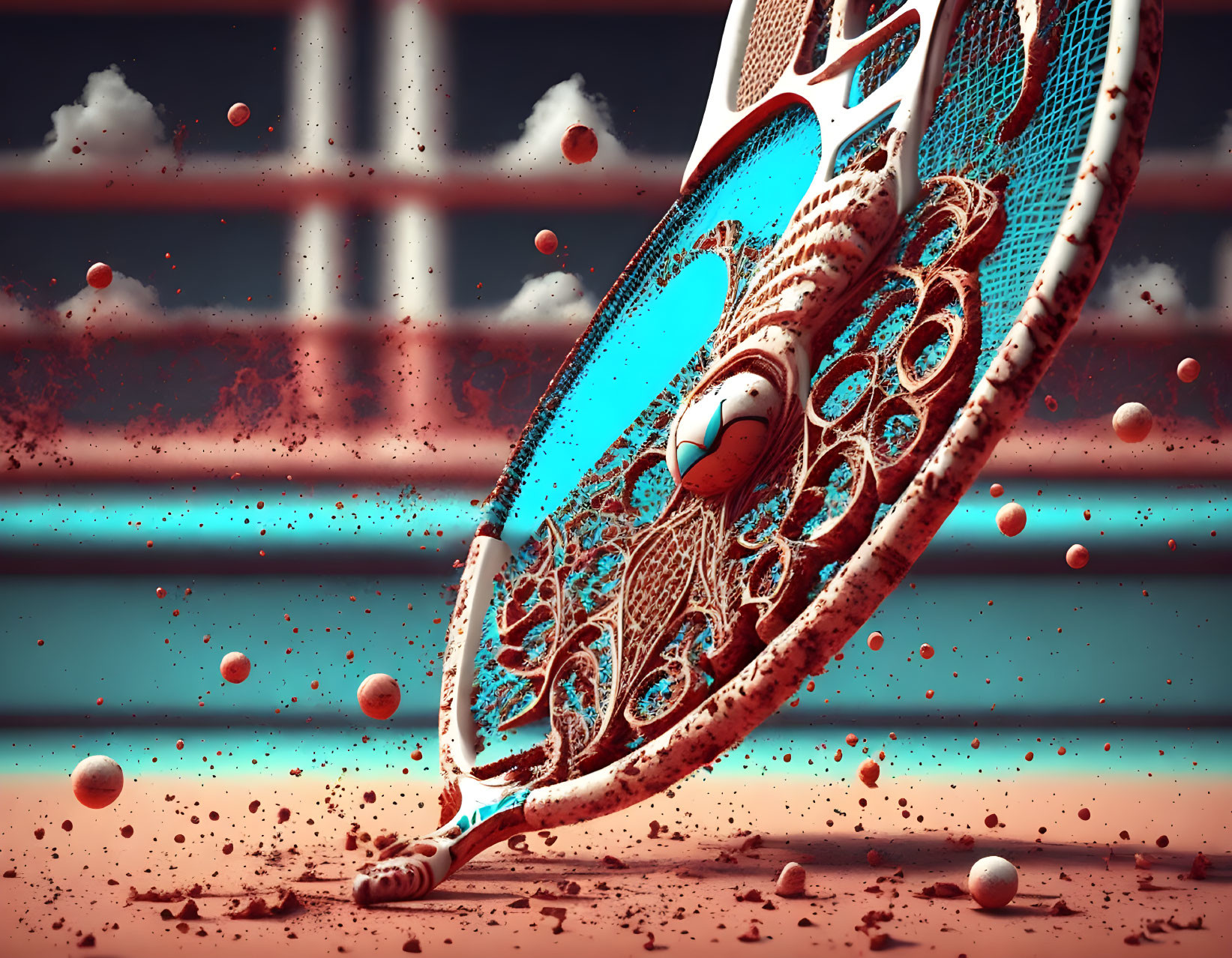 Detailed 3D digital illustration of mechanical tennis racket striking ball with dynamic particles on blurred court background