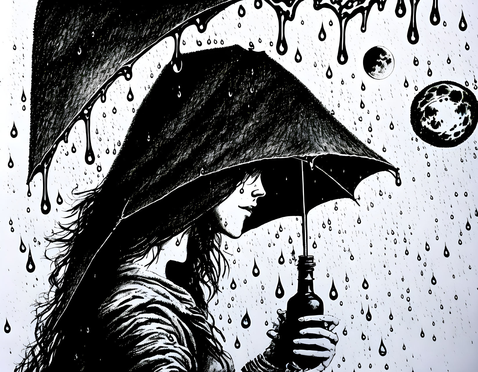 Monochrome illustration of person with umbrella in rain