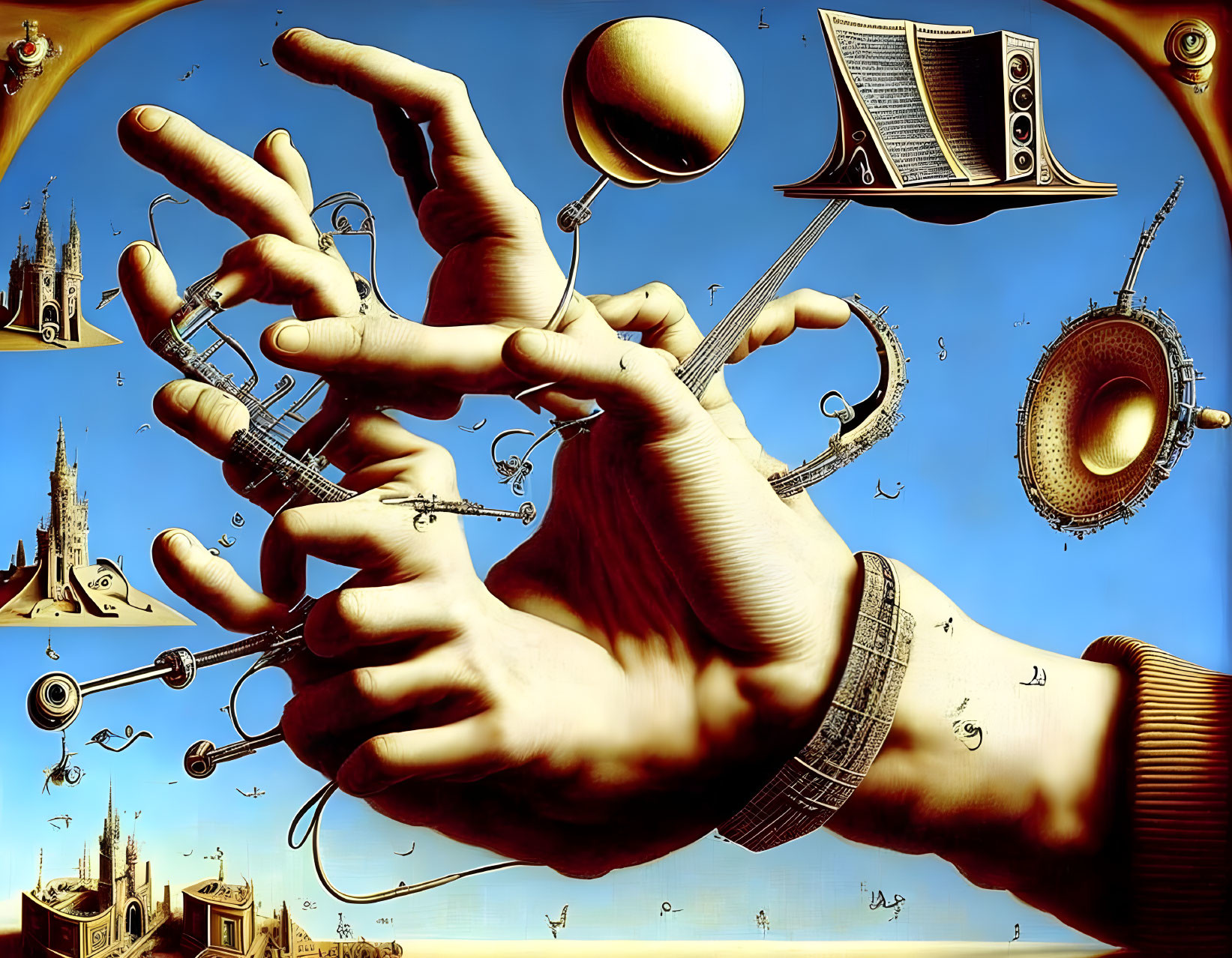 Surreal artwork: Disjointed hands with extended fingers manipulating objects against blue sky.