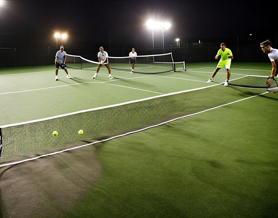 Nighttime doubles tennis match on green court with bright lights and tennis balls.