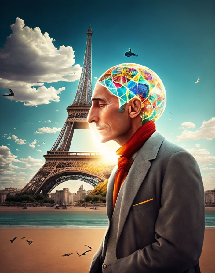 Man with Globe-Shaped Head in Surreal Eiffel Tower Scene