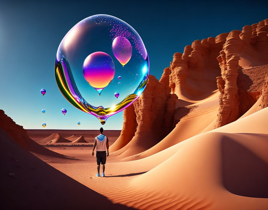 Person admiring colorful bubbles in desert landscape