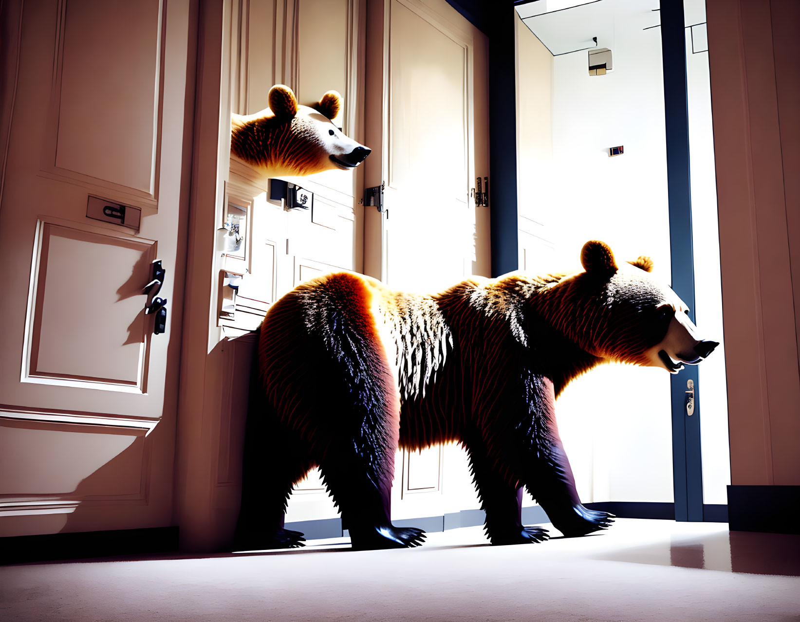 Two large bears walking indoors with shadows in bright sunlight