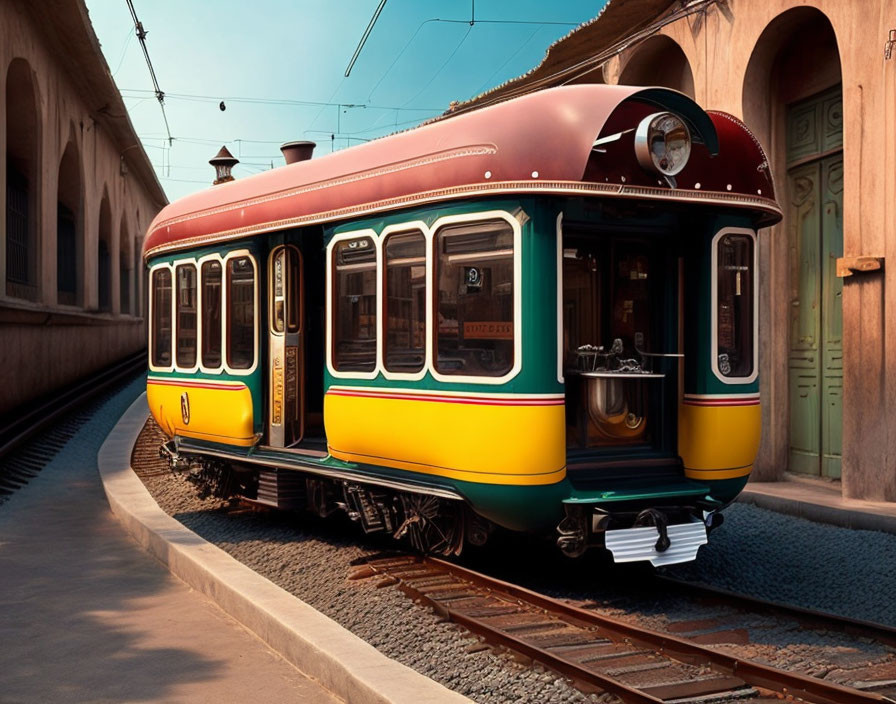 Vintage-style tram on tracks with historical buildings in background