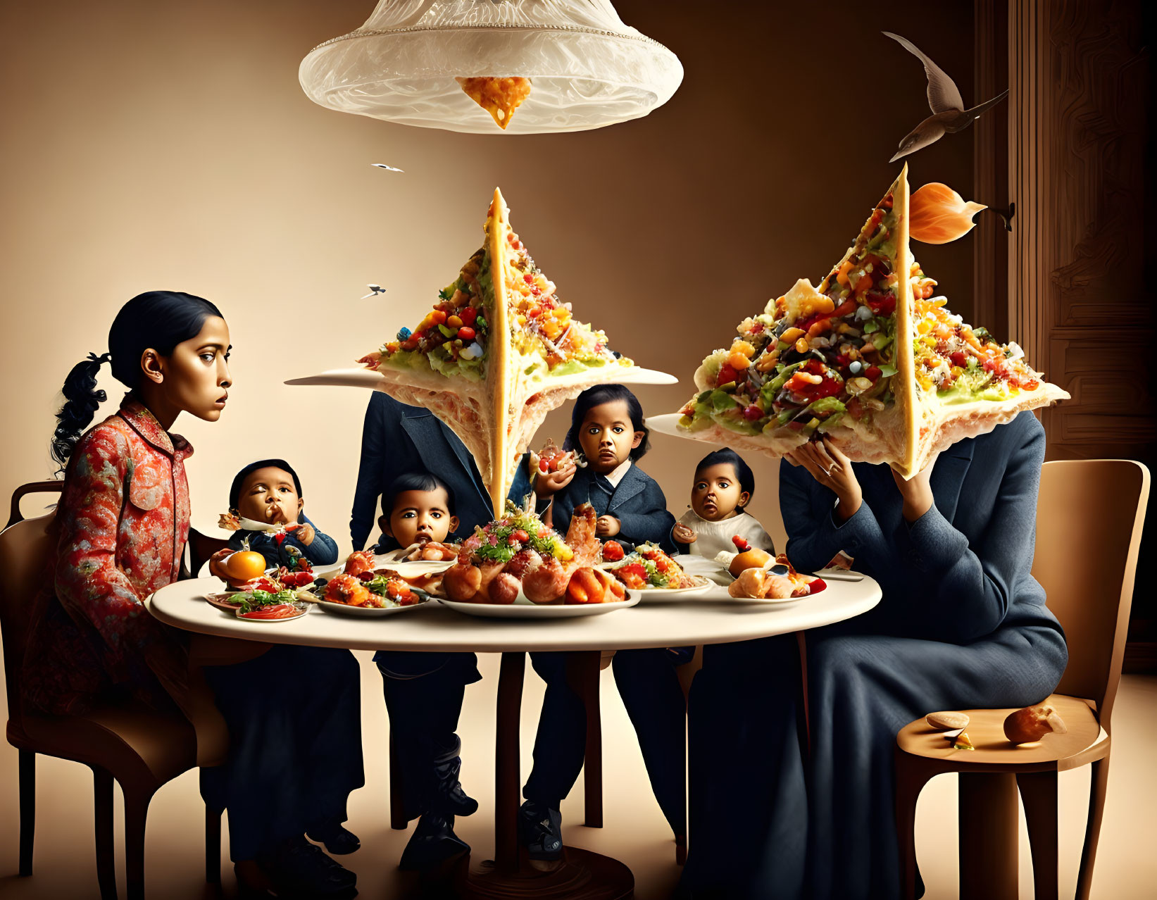 Surreal family dinner scene with oversized floating pizza slices and small flying birds