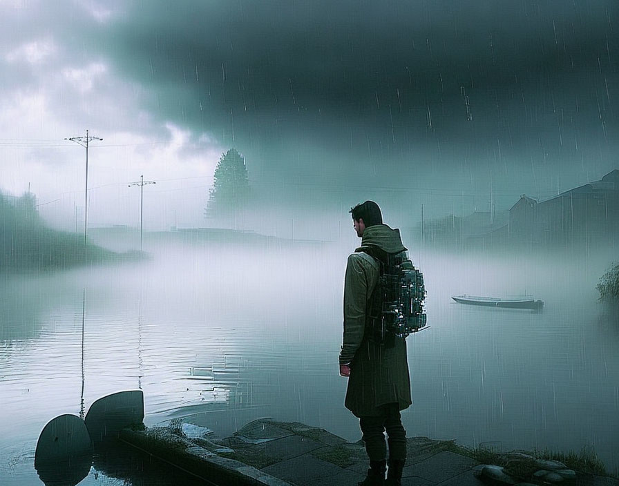 Person in Coat with Backpack Standing by Foggy Lakeside in Heavy Rain