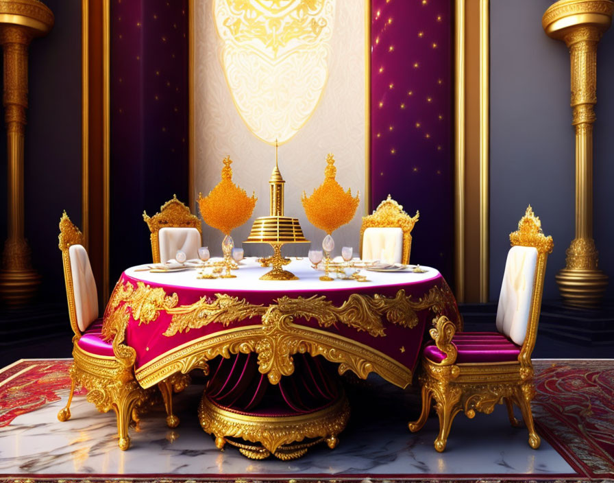 Luxurious dining room with golden table setting and ornate chairs