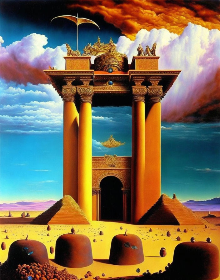 Surreal painting of golden architectural structures under crescent moon in desert landscape