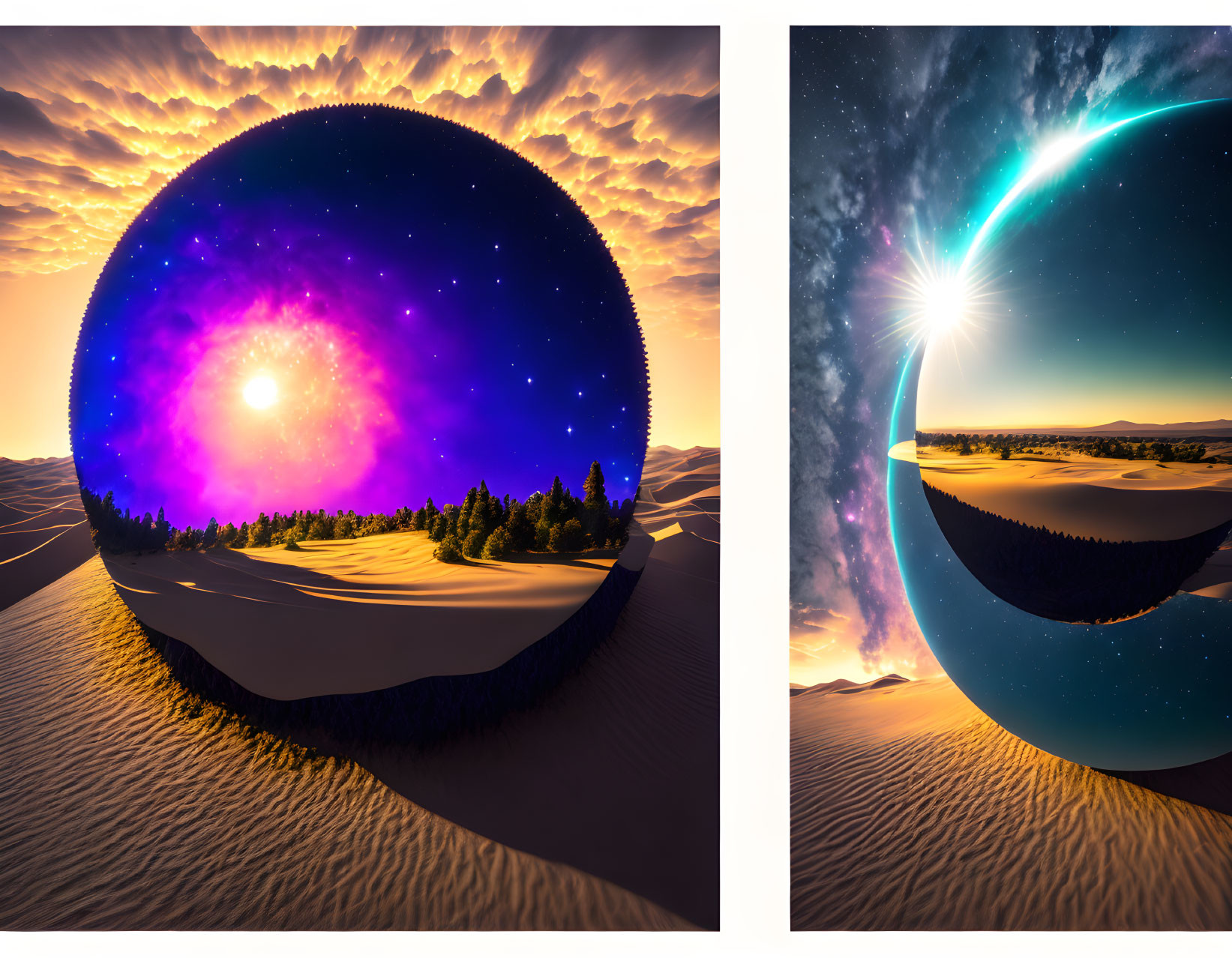 Surreal circular landscapes with space skies, trees, and dunes contrast warm sunset and cool star