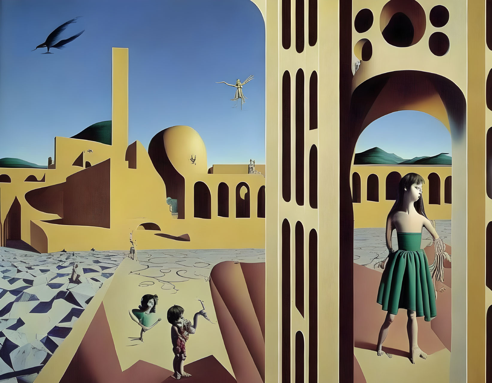 Surreal artwork with architectural forms, woman, children, bird, and plane