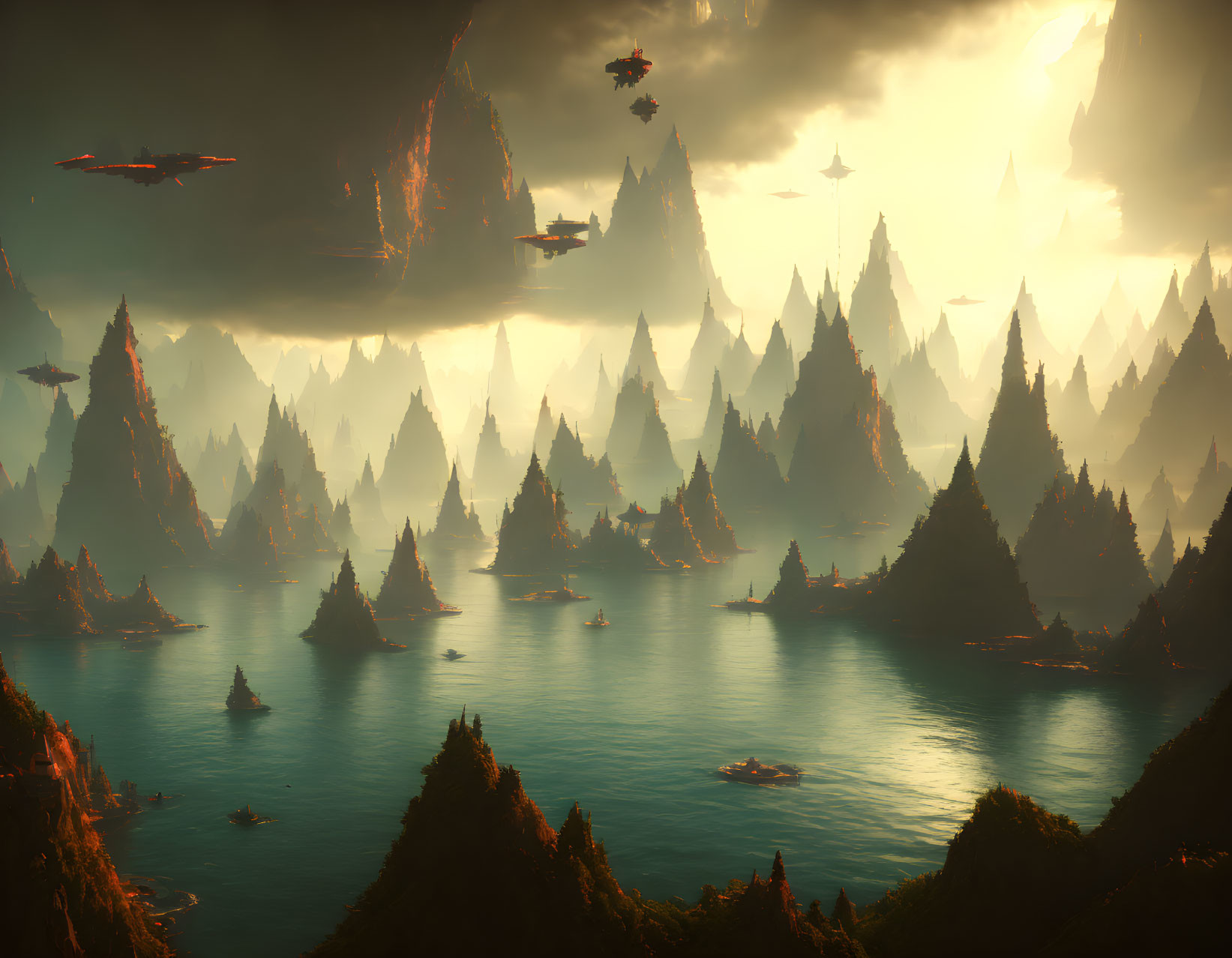 Misty sea stacks under warm sky with futuristic ships above