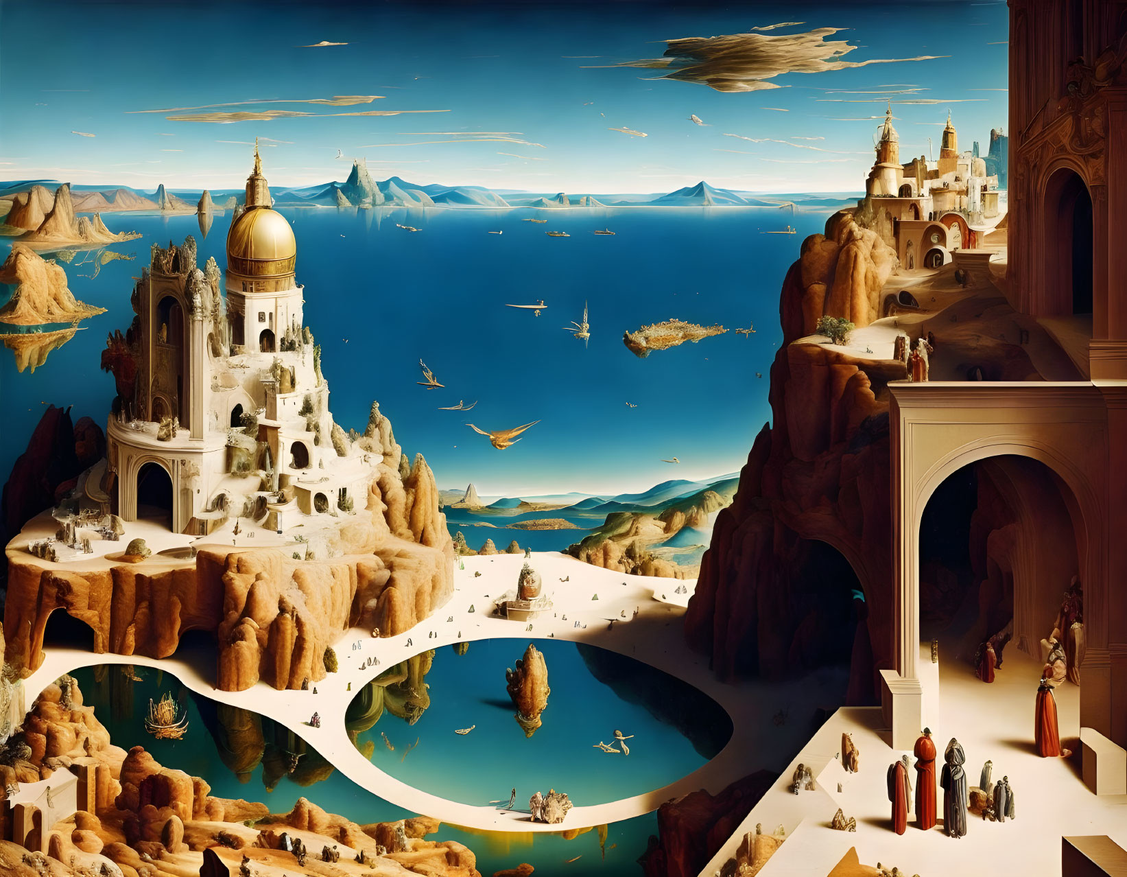 Fantastical landscape with floating islands, grand palaces, and robed figures beside a river