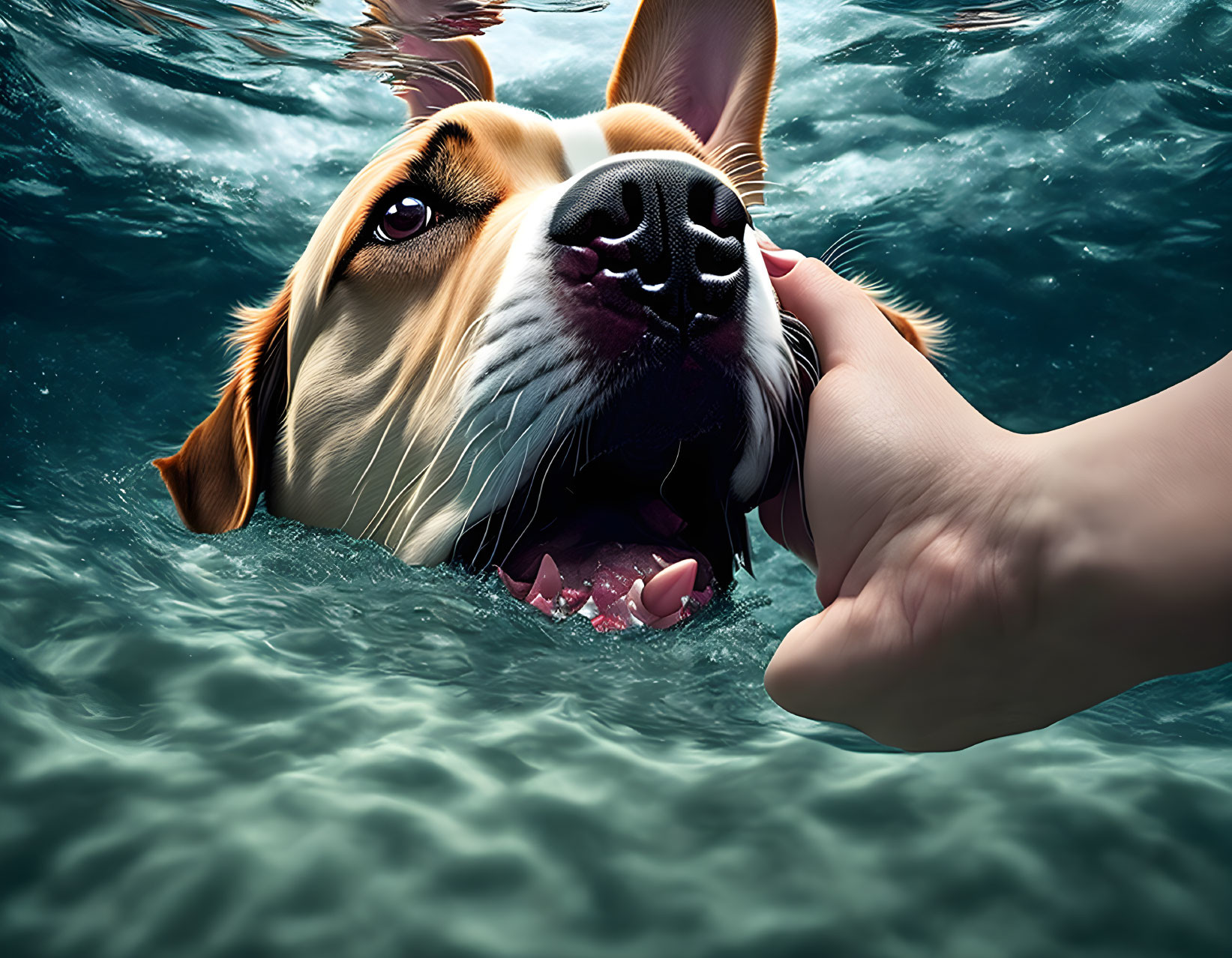 Beagle swimming with human hand support