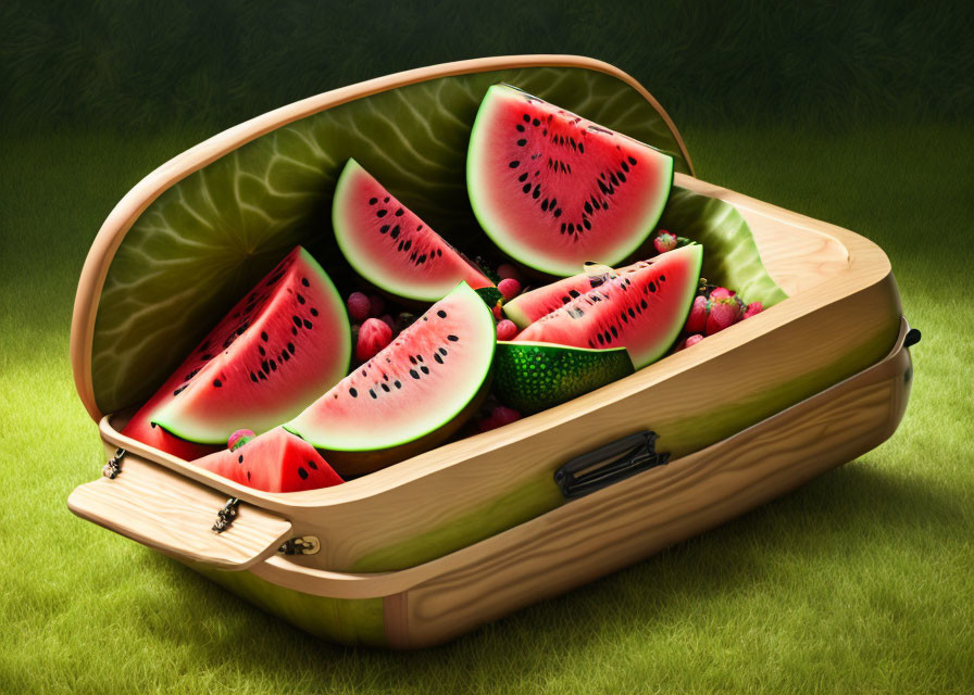 Wooden picnic basket with fresh watermelon slices and berries on lush green grass