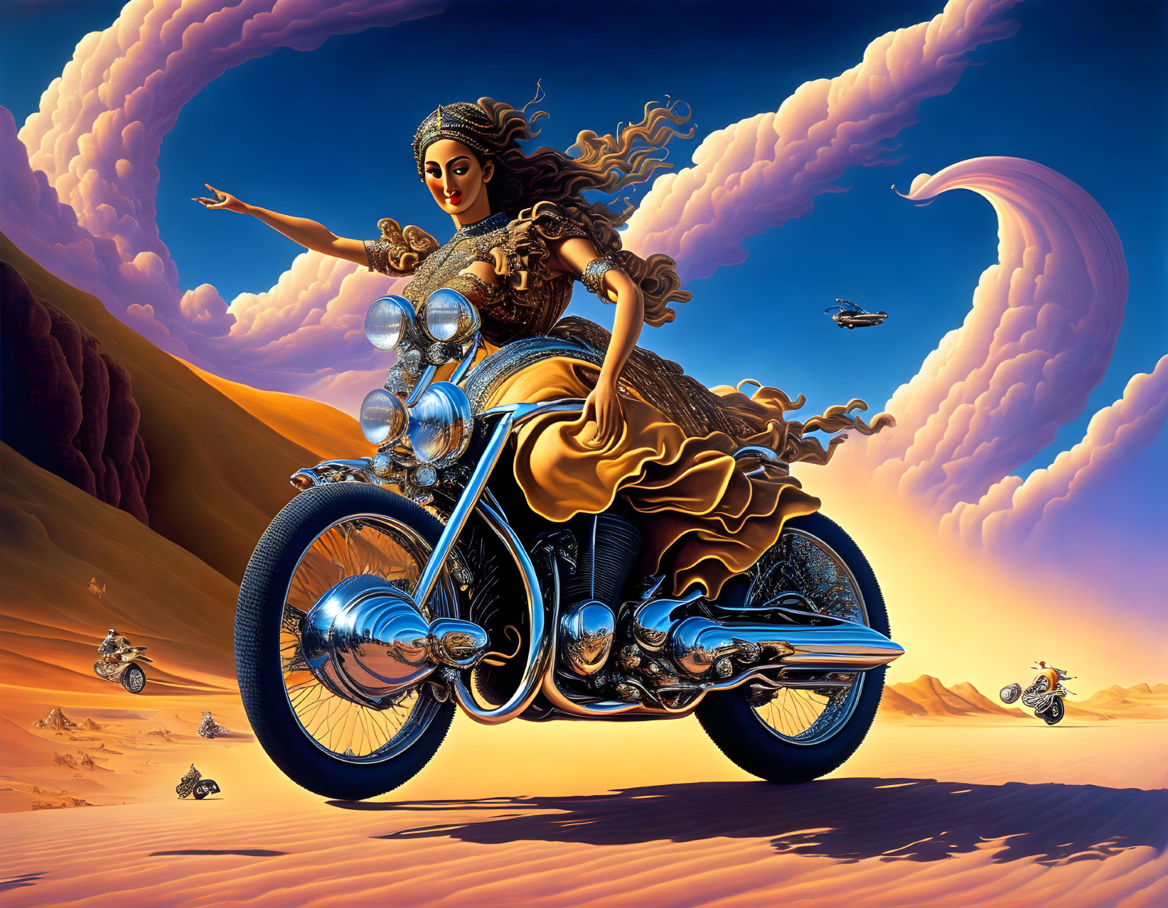 Stylized artwork of woman with multiple arms on futuristic motorcycle in desert