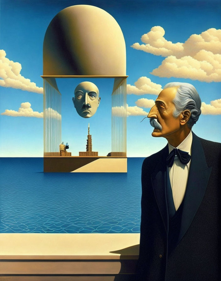 Surreal painting: man with mustache by water, giant head floating above miniature landscape