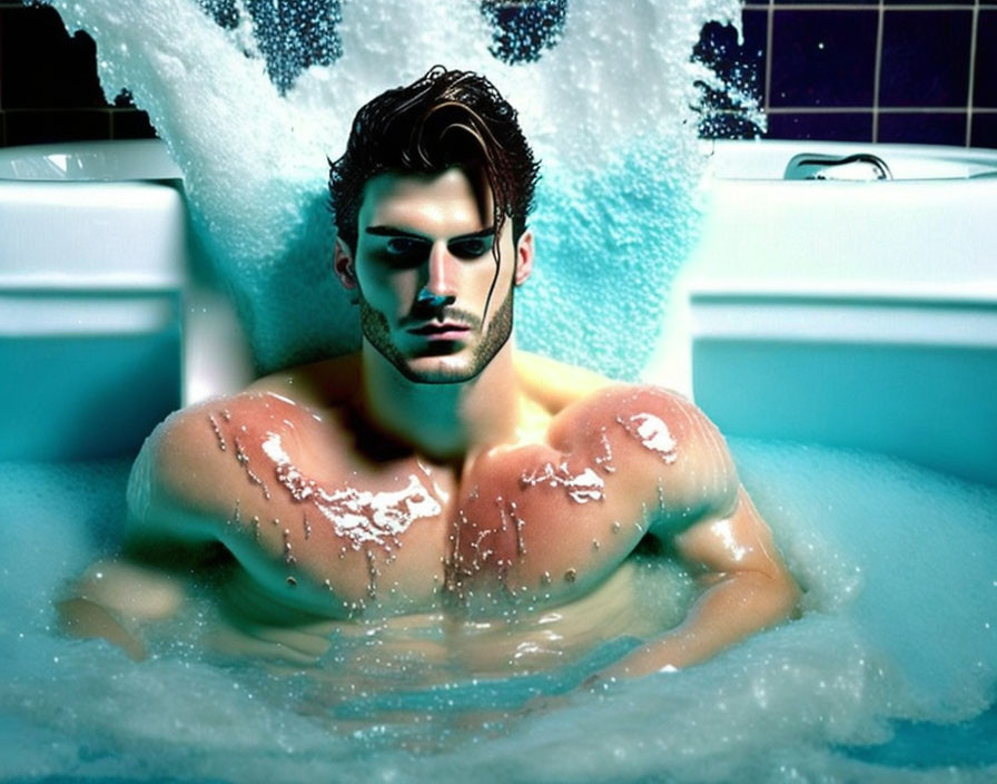 Dark-haired man in bubble bath with serious expression