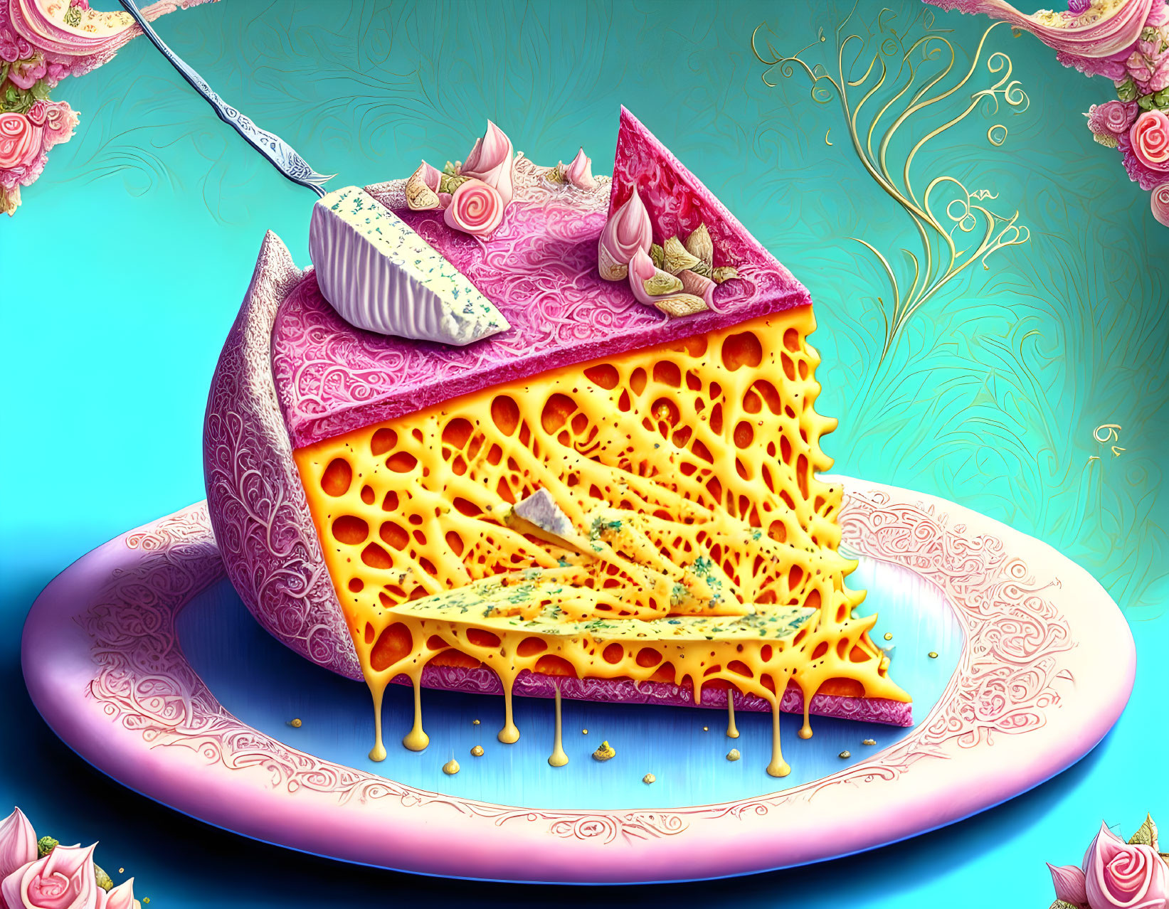 Whimsical cake slice with cheese-like texture, candies, and flowers on blue background