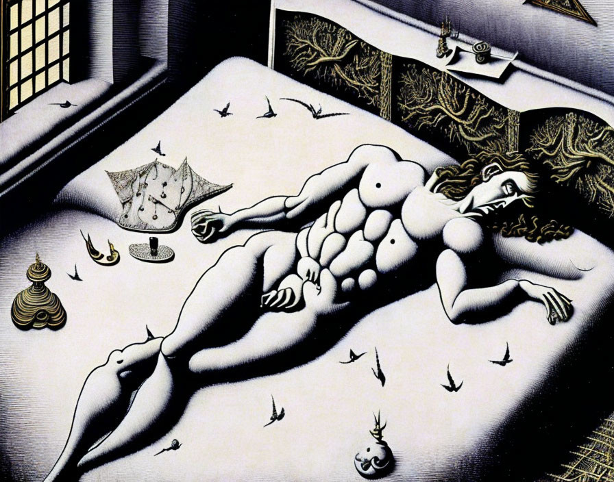 Surreal illustration: reclining female figure amidst odd objects & patterns