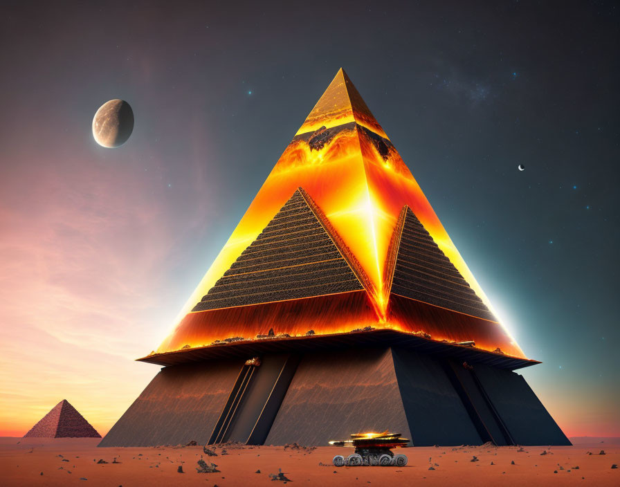 Futuristic illuminated pyramid in desert landscape at dusk