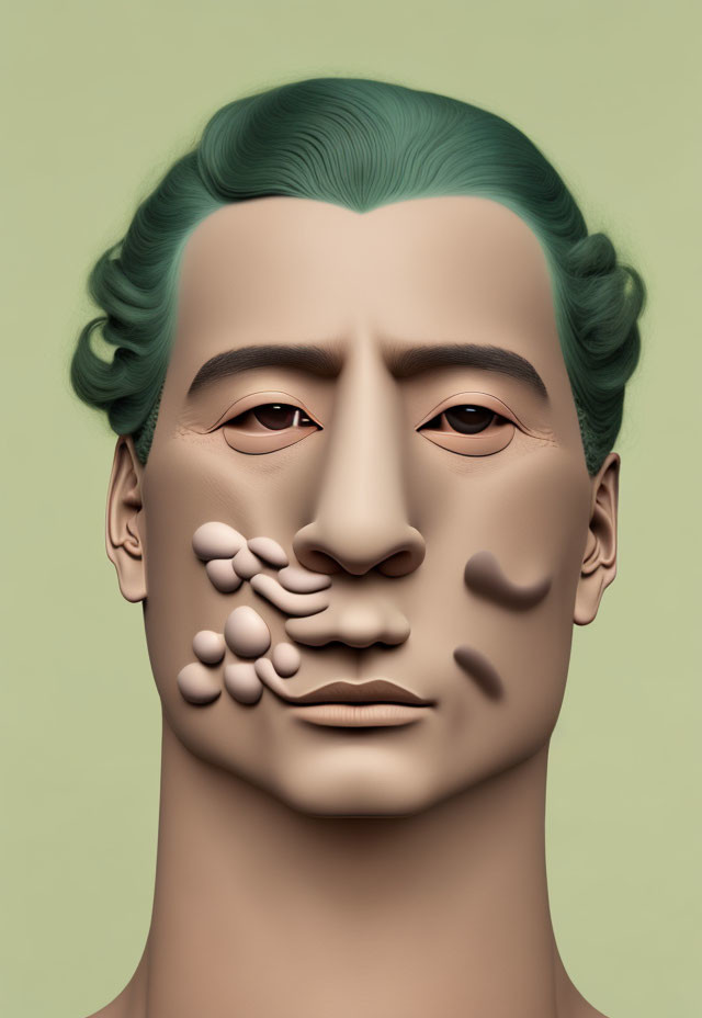 Surreal human face with green hair, multiple noses, and eyes on one side, set against